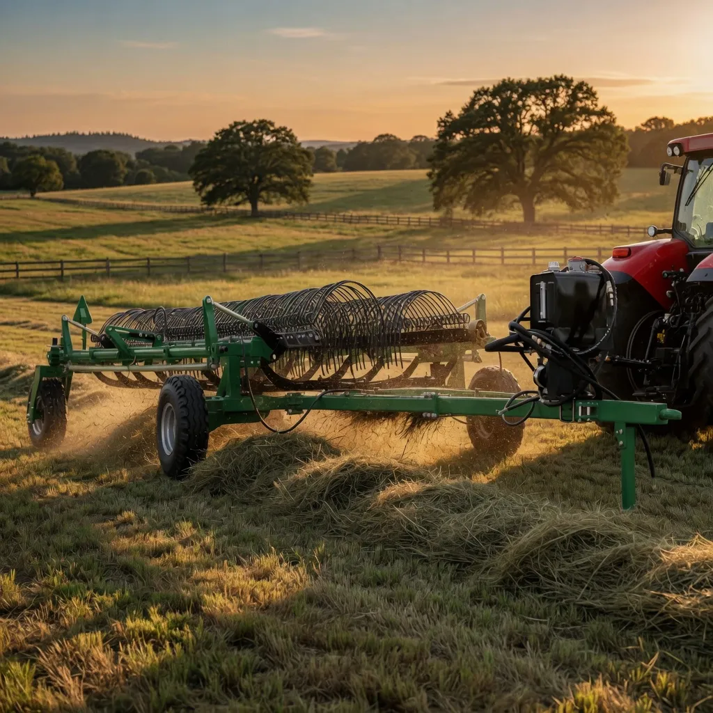 EverPower 9LH-12 towed lateral rake consolidating windrows for mixed crop baling operations