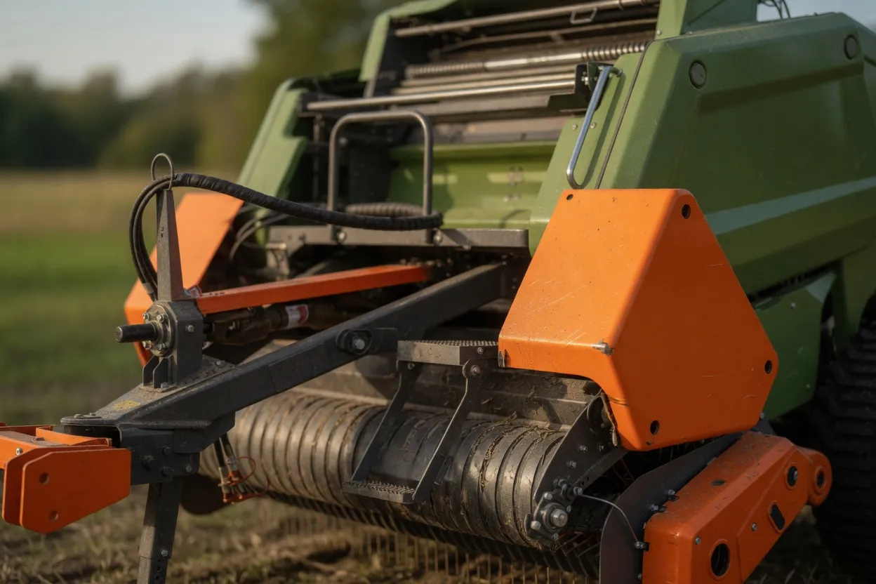 Round baler producing high-volume hay for conveyor stacking system