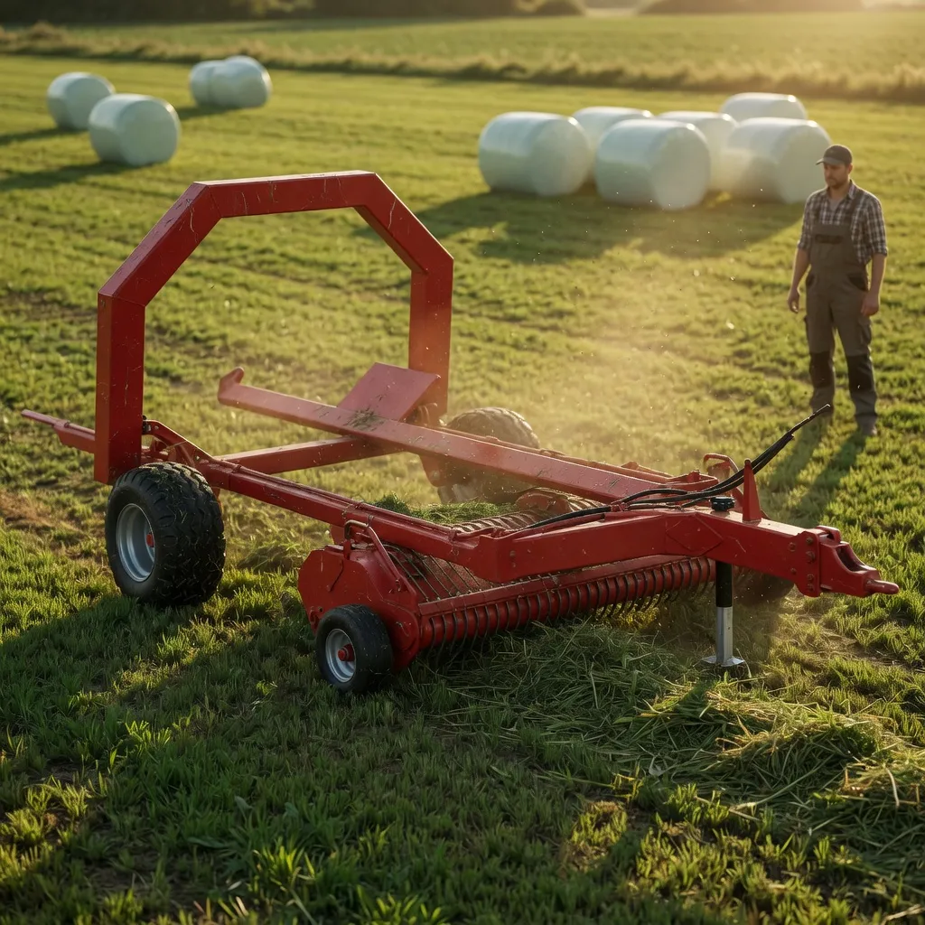Round hay baler transporter delivering bales to conveyor system