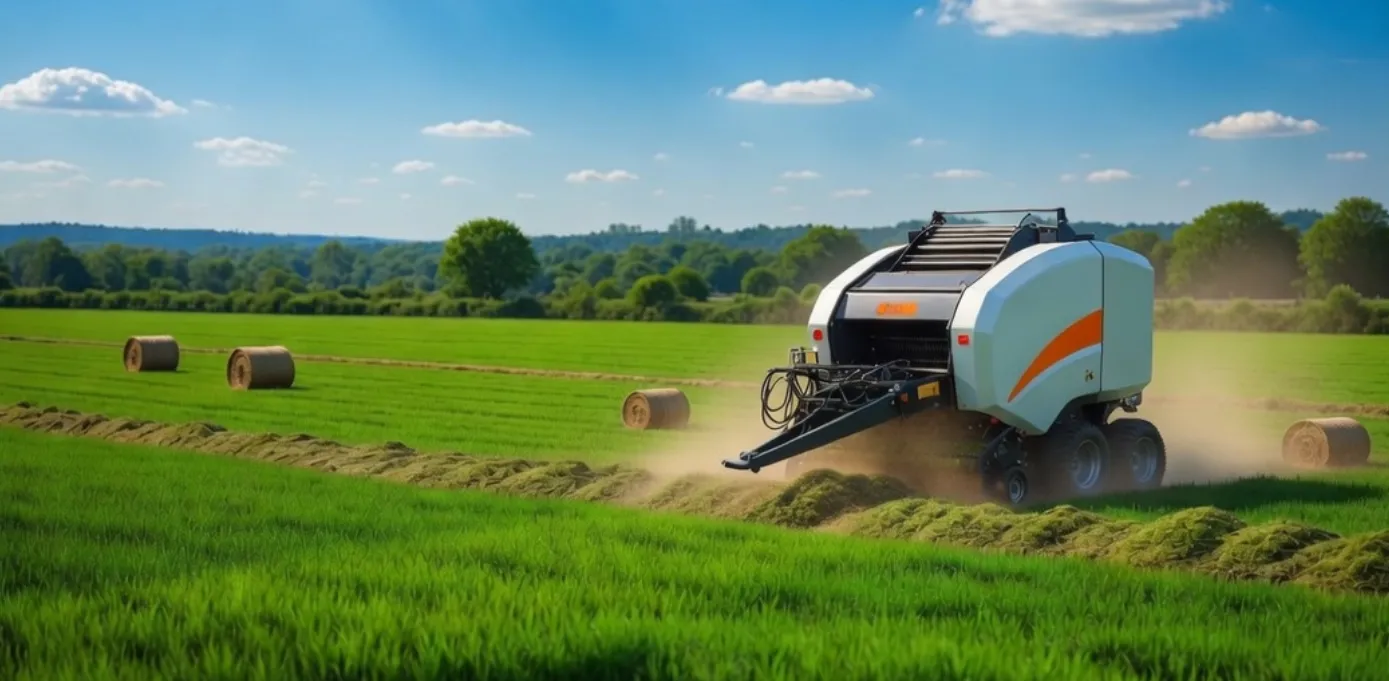 Silage baler working in Australian paddock at sunset